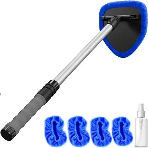 Windshield Cleaning Tool - Extendable Handle Car Window Cleaner with 4 Reusable Cloth Pads, Auto Glass Wiper Kit for Interior & Exterior, Ideal for Dirty Car Windows (Blue) - 1
