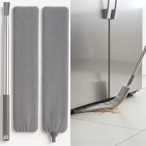 Uzatılabilir Saplı Düz Boşluk Toz Temizleyici, Bafezoze 2 Yıkanabilir Mikrofiber Pedli Geri Çekilebilir Cihaz Altı Toz Alma Aparatı, Yatak, Kanepe, Dolap, Buzdolabı Altı Temizliği için İnce Esnek Boşluk Mopu Gri - 1