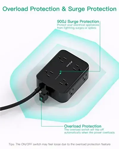 Uzatish kabeli 15FT - 8 rozetkali tarmoq filtri USB portlari bilan, og'ir yukga mo'ljallangan o'ralgan uzatish kabeli, yassi vilka, 15A o'chirgich, ortiqcha yuklanishdan himoya qiluvchi zaryadlash stantsiyasi - 6