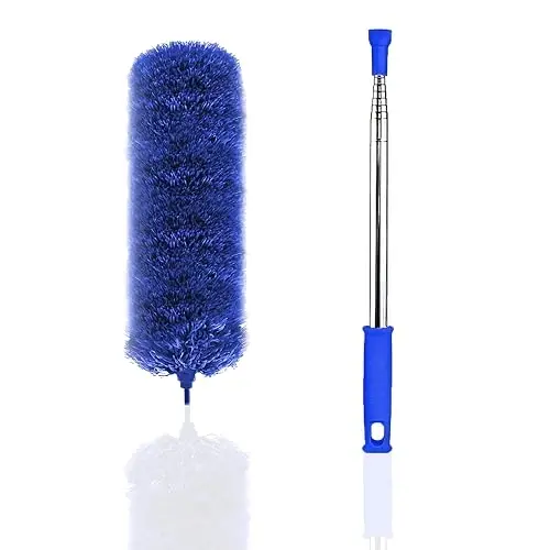 Yuibthr Cobweb Duster with Extension Pole, Bendable Microfiber Head Washable w 15-100 Inch Long Handle Dusters for Cleaning Ceiling Fan, Blinds, Furniture & Cars, Blue 