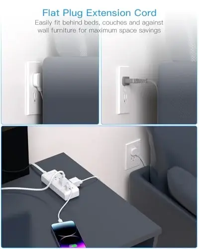 Uzatma kabeli 15 Ft, HANYCONY Yassi vilka uzun kabel quvvat chizig'i, Ultra yupqa uzatma kabeli, 6 rozetka 3 USB porti(2 USB C), Uy ofis stol aksessuarlari uchun devorga o'rnatish bilan rozetka uzaytirgichi - HANYCONY (1)