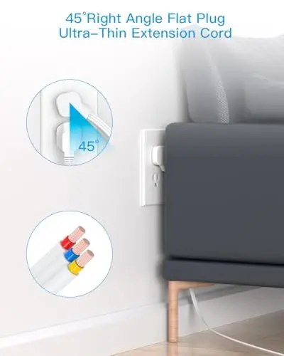 Uzatma kabeli 15 Ft, HANYCONY Yassi vilka uzun kabel quvvat chizig'i, Ultra yupqa uzatma kabeli, 6 rozetka 3 USB porti(2 USB C), Uy ofis stol aksessuarlari uchun devorga o'rnatish bilan rozetka uzaytirgichi - 3