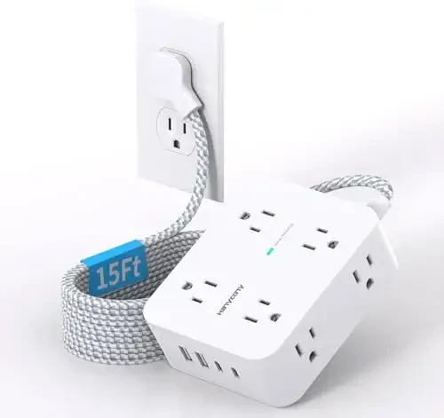 Uzatma kabeli 15 fut, HANYCONY 1080J Surge Protector quvvat tasmasi uzun kabeli 8 AC rozetkasi va 4 USB porti (2 USB-C), devorga o'rnatish, uy ofisi kolleji yotoqxonalari uchun stol zaryadlash stantsiyasi 