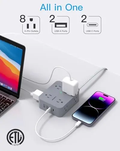 Extension Cord 6 Feet, HANYCONY Surge Protector Power Strip with 2 USB C Ports, 8 Outlets Extender with Flat Plug, Multi Plug Oulet for College Dorm Room Essentials - HANYCONY (1)
