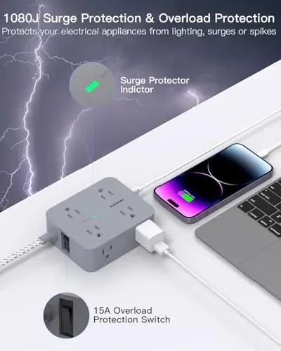 Extension Cord 6 Feet, HANYCONY Surge Protector Power Strip with 2 USB C Ports, 8 Outlets Extender with Flat Plug, Multi Plug Oulet for College Dorm Room Essentials - 3