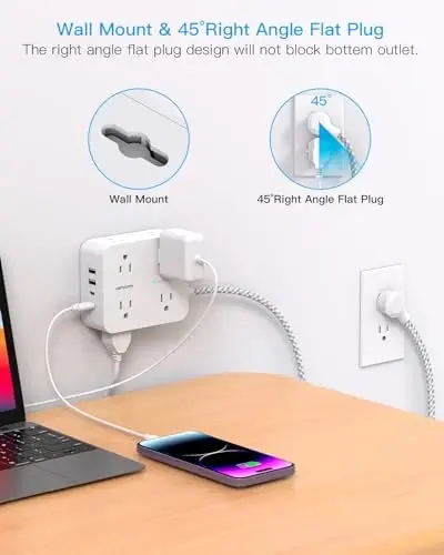 Extension Cord 20 Ft, HANYCONY Power Strip Surge Protector with 8 Outlets 4 USB Ports(2 USB C), Long Cord, Flat Plug, Wall Mount, Desk USB Charging Station for Home Office Essentials - 5