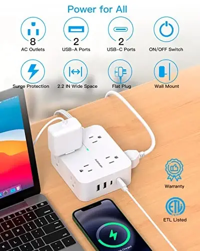 Extension Cord 10 Ft, Ultra Thin Flat Plug Power Strip Surge Protector with 8 Outlets 4 USB Ports (2 USB C), HANYCONY Outlet Extender Desk Charging Station for Home Office Dorm Room Essentials - 2
