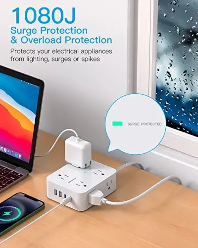Extension Cord 10 Ft, Ultra Thin Flat Plug Power Strip Surge Protector with 8 Outlets 4 USB Ports (2 USB C), HANYCONY Outlet Extender Desk Charging Station for Home Office Dorm Room Essentials - 4