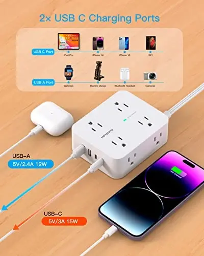 Extension Cord 10 Ft, Ultra Thin Flat Plug Power Strip Surge Protector with 8 Outlets 4 USB Ports (2 USB C), HANYCONY Outlet Extender Desk Charging Station for Home Office Dorm Room Essentials - 5