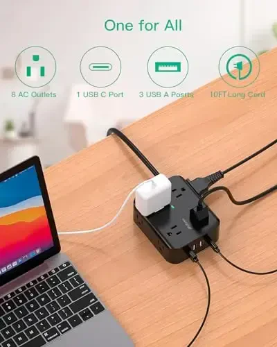 Extension Cord 10 FT, Flat Plug Power Strip Surge Protector with 8 Wide Outlets 4 USB Ports, 3-Side Outlet Extender, Mounted, Overload Protection, for Indoor Home Office, Dorm Room Essentials - MIFASO (1)