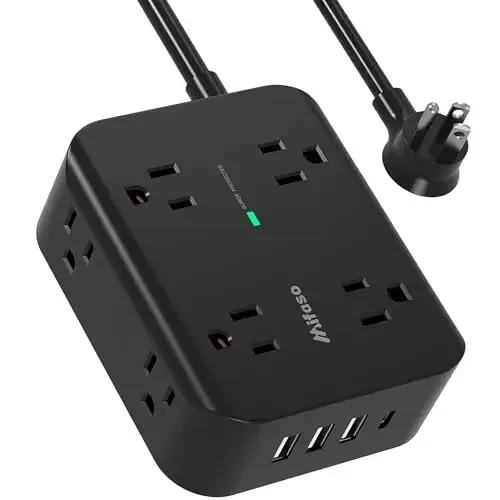 Extension Cord 10 FT, Flat Plug Power Strip Surge Protector with 8 Wide Outlets 4 USB Ports, 3-Side Outlet Extender, Mounted, Overload Protection, for Indoor Home Office, Dorm Room Essentials 