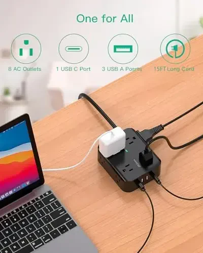 Extension Cord 15FT - 8 Outlets Power Strip Surge Protector with USB Ports, Heavy-Duty Braided Extension Cord, Flat Plug, 15A Circuit Breaker, Charging Station Overload Protection - 2
