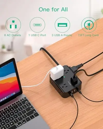 Extension Cord 15FT - 8 Outlets Power Strip Surge Protector with USB Ports, Heavy-Duty Braided Extension Cord, Flat Plug, 15A Circuit Breaker, Charging Station Overload Protection - 2