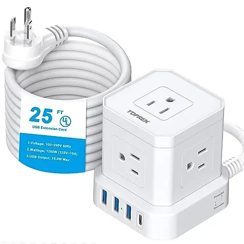 Extension Cord 25 FT, TOPREK 5 AC Outlets 4 USB, Power Strip with USB, USB C (15.5W/3.0A) Power Strip Surge Protector, Flat Plug Extension Cord for Apartment, Home Studio, RV 
