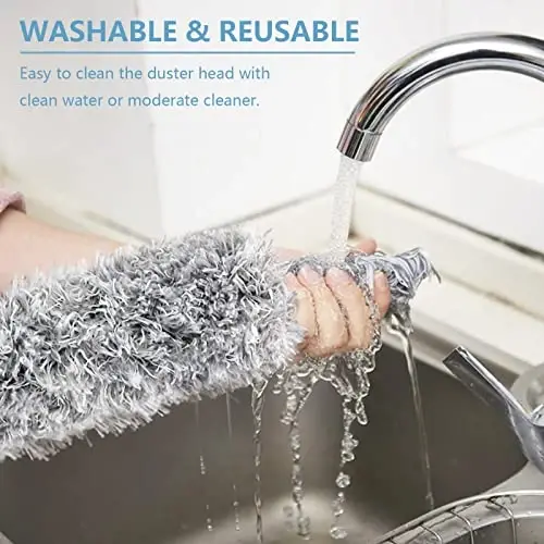 Microfiber Duster with Extension Pole(Stainless Steel) 30 to 100'', with Bendable Head, Extendable Long Duster for Cleaning Ceiling Fan, High Ceiling, Keyboard, Furniture Cars - 3