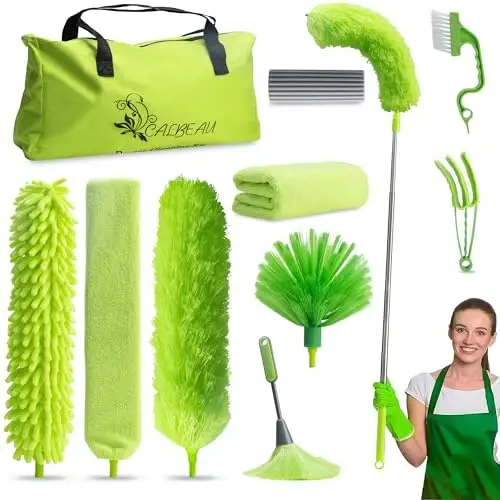Uzatma ustuni bo'lgan mikrofiber pat tozalagich, yuqori shiftli fan, o'rgimchak to'ri, panjur, klaviatura, mebel va avtomobillarni tozalash uchun egiluvchan qayta ishlatiladigan yuviladigan tozalagichlar, saqlash sumkasi bilan tozalagich to'plami (11 dona) - 6
