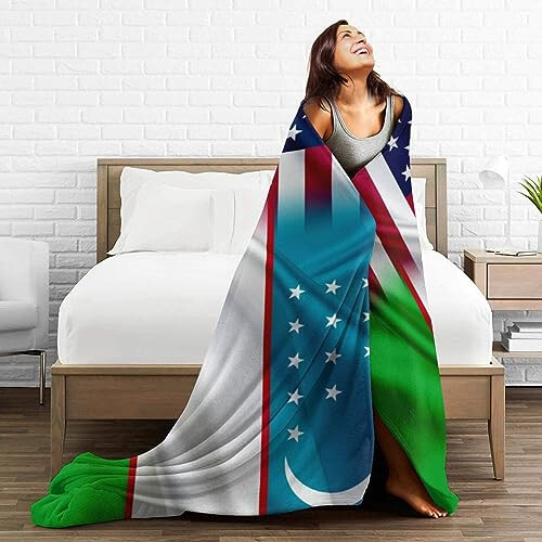 Uzbekistan America Flag Throw Lightweight Blankets Bed Sofa Warm Cozy Fluffy Throw Plush 50