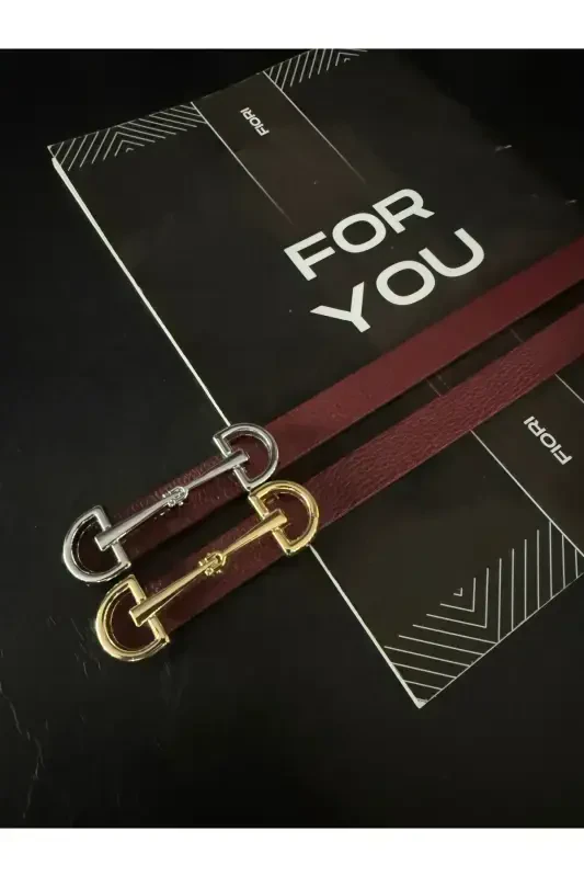 Узкий женский ремень с длинной золотой пряжкой, ремень для куртки, ремень для рубашки, ремень для платья - бордовый - 2