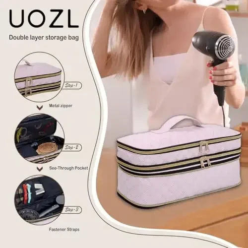 UZOL Сумка для переноски фена, сумка для хранения щипцов для завивки, тонкая расширяемая ручная двухслойная сумка для хранения фена/органайзера для инструментов для волос/органайзера для укладки - 4