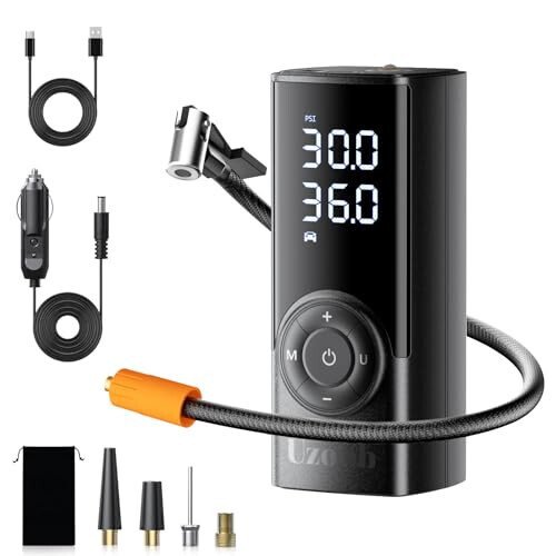 Uzonb TM-A Tire Inflator Portable Air Compressor - 12V Car Tire Air Pump Portable with Pressure Gauge - One Minute Fast Inflation, Ideal for Car, Motorcycle, Bicycle and More - Uzonb