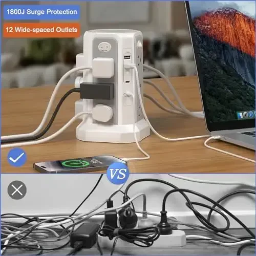 Uzoq uzaytirgich simi 10FT 1625W|13A ko'p rozetkali, Surge Protector Power Strip Tower 4 USB (2 USB C) portli, Yassi vilka 1800J ortiqcha yukdan himoya qilish uy ofis yotoqxonasi uchun zarur - 3