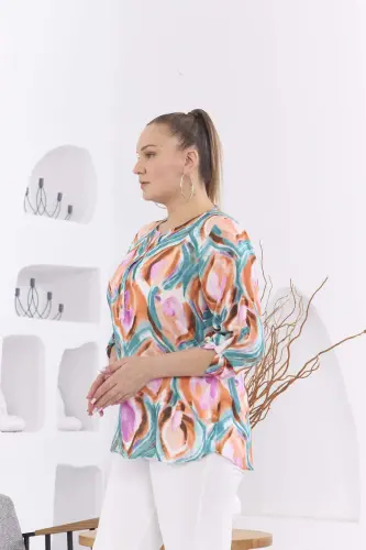 Узорчатая вискозная блузка из вуали кирпичного цвета большого размера с погонами на рукавах - 3