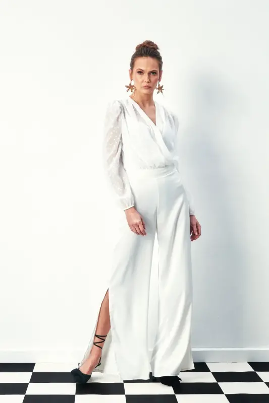 Узорчатый боди-блузка с запахом - ЭКРЮ-ЭКРЮ - 7