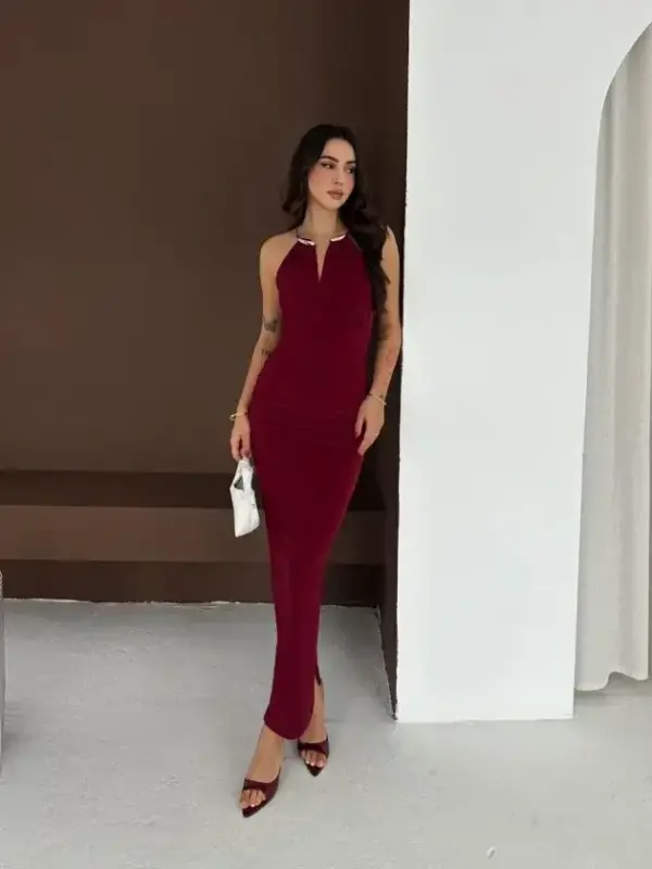 Uzun Abiye Elbise Yırtmaçlı Sırt Dekolteli Şık Gece Elbisesi - Bordo - BÜYÜKBEDENIZ