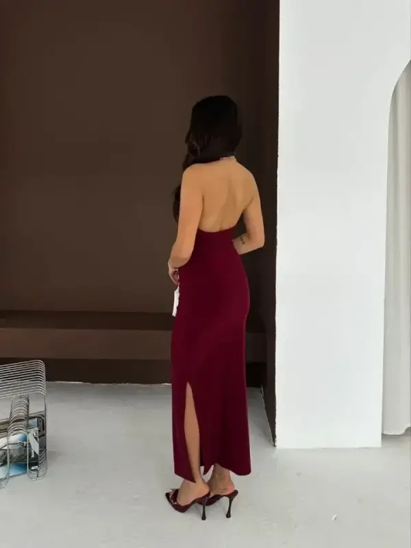 Uzun Abiye Elbise Yırtmaçlı Sırt Dekolteli Şık Gece Elbisesi - Bordo - 2