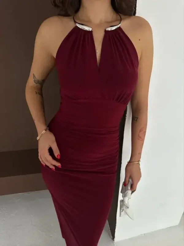 Uzun Abiye Elbise Yırtmaçlı Sırt Dekolteli Şık Gece Elbisesi - Bordo - 3