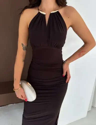 Uzun Abiye Elbise Yırtmaçlı Sırt Dekolteli Şık Gece Elbisesi - Kahverengi - 1