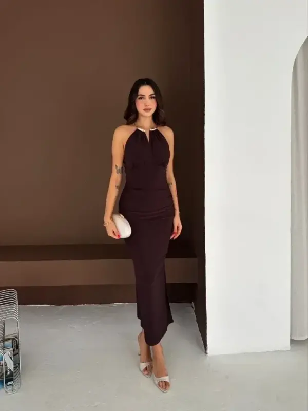 Uzun Abiye Elbise Yırtmaçlı Sırt Dekolteli Şık Gece Elbisesi - Kahverengi - 2