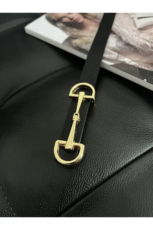 Uzun Gold Tokalı Ince Siyah Kadın Kemeri, Ceket Kemeri, Gömlek Kemeri, Elbise Kemeri-Siyah - 2