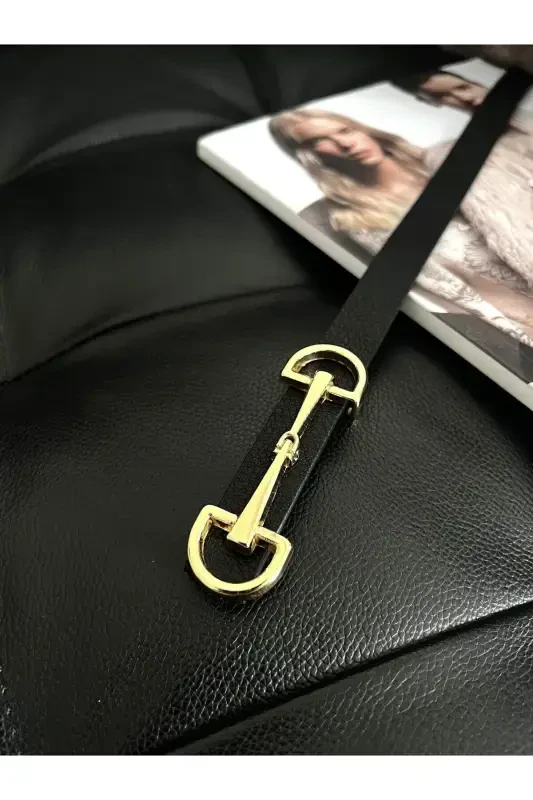 Uzun Gold Tokalı Ince Siyah Kadın Kemeri, Ceket Kemeri, Gömlek Kemeri, Elbise Kemeri-Siyah - 5