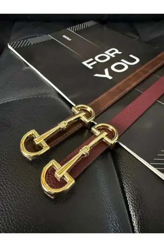 2’li Uzun Altın Tokalı Ince Kadın Kemeri, Ceket Kemeri, Gömlek Kemeri, Elbise Kemeri - Bordo-Kahve 