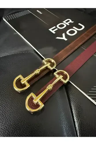 2’li Uzun Altın Tokalı Ince Kadın Kemeri, Ceket Kemeri, Gömlek Kemeri, Elbise Kemeri-Bordo - FIORI (1)