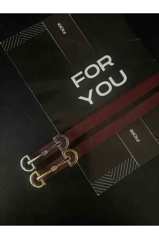 2’li Uzun Altın Tokalı Ince Kadın Kemeri, Ceket Kemeri, Gömlek Kemeri, Elbise Kemeri-Bordo - 3