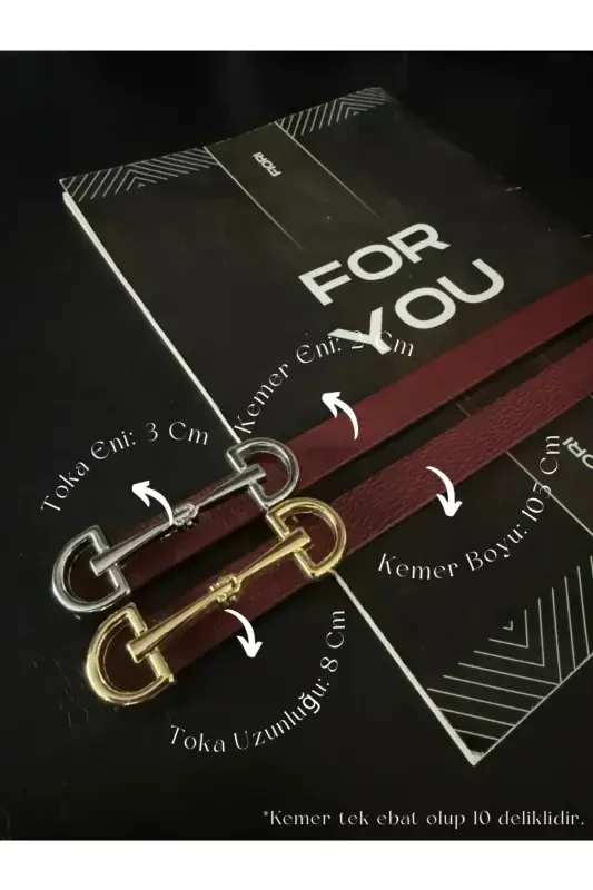 2’li Uzun Altın Tokalı Ince Kadın Kemeri, Ceket Kemeri, Gömlek Kemeri, Elbise Kemeri-Bordo - 4