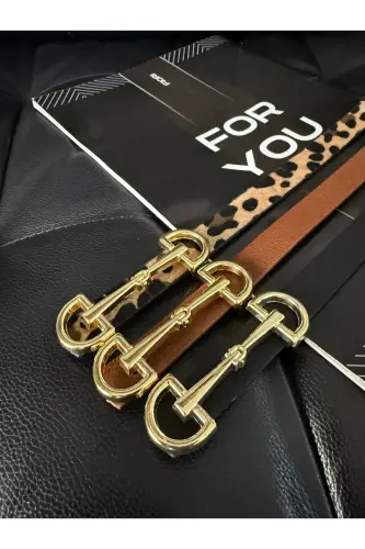 3’lü Uzun Altın Tokalı Ince Kadın Kemeri, Ceket Kemeri, Gömlek Kemeri, Elbise Kemeri - Siyah-Taba-Leopar 