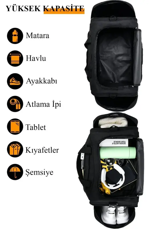 Uzun Askılı Geniş Hacimli Seyahat Gym Fitness Spor Çantası El Valizi Kabin Boy - Siyah - 11