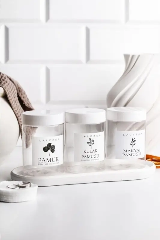 Uzun Beyaz Stantlı Şeffaf Kulak Pamuğu -pamuk - Makyaj Pamugu Etiketli Kavanoz 200ml-Şeffaf2 - 1