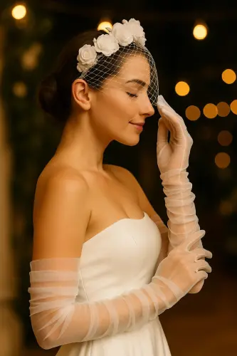 Uzun Beyaz Tül Gelinlik Eldiveni Nikah Eldiveni Imza Eldiveni Parti Eldiveni - ELEGANCE SCARF (1)