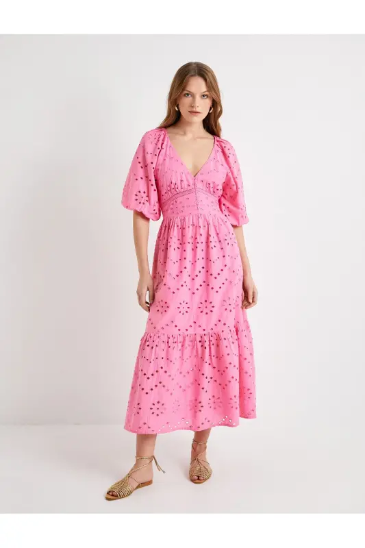 Uzun Fisto Elbise Balon Kol Derin Dekolteli Yaka Düğmeli - 3