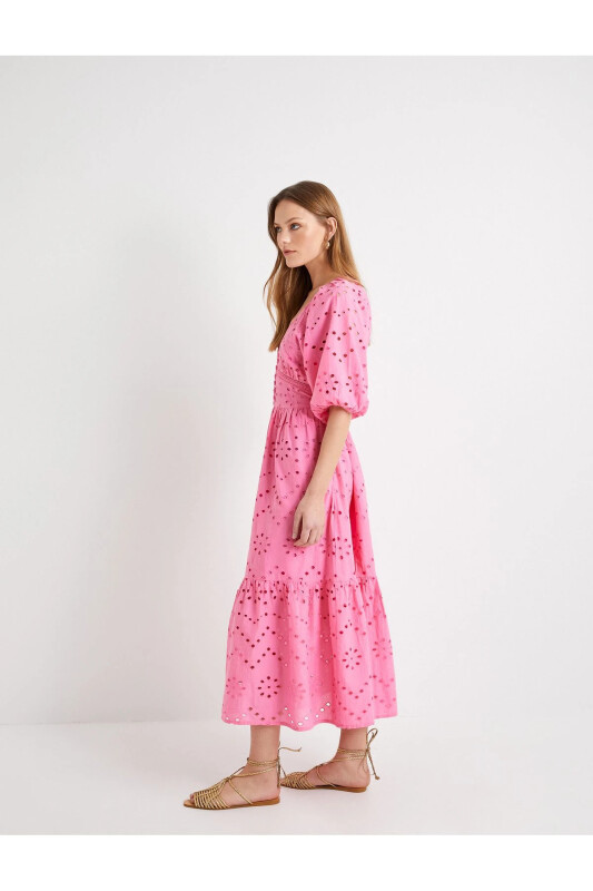 Uzun Fisto Ko'ylak Balon Yengli Chuqur Kesimli Yoqali Tugmali - KOTON