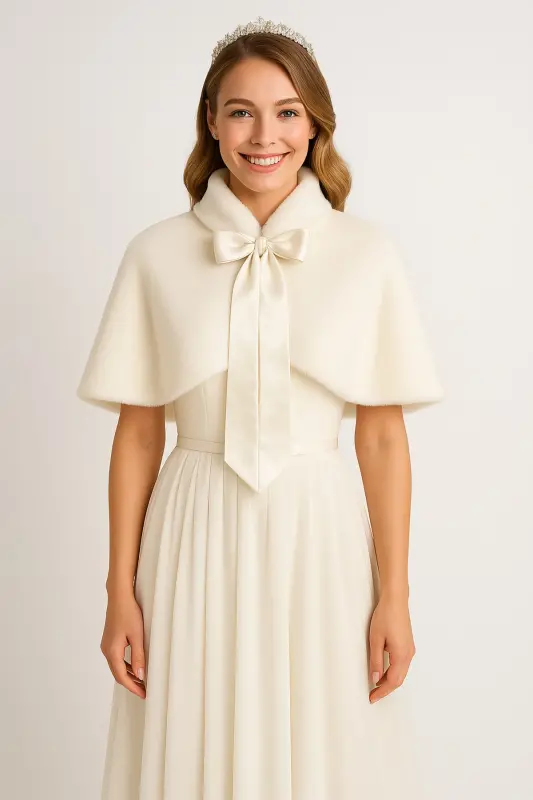 Uzun Fiyonklu Yumuşak Dokulu Kürk Etol Gelin Bolero Kırık Beyaz - 2