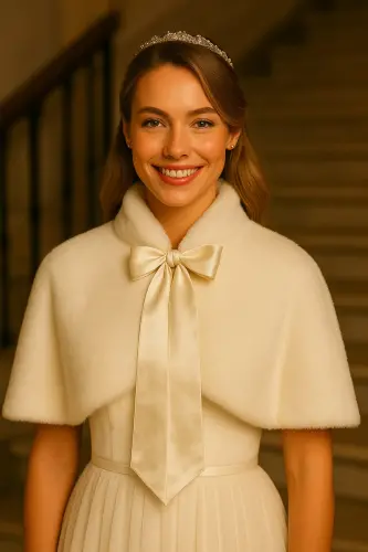 Uzun Fiyonklu Yumuşak Dokulu Kürk Etol Gelin Bolero Kırık Beyaz - 5