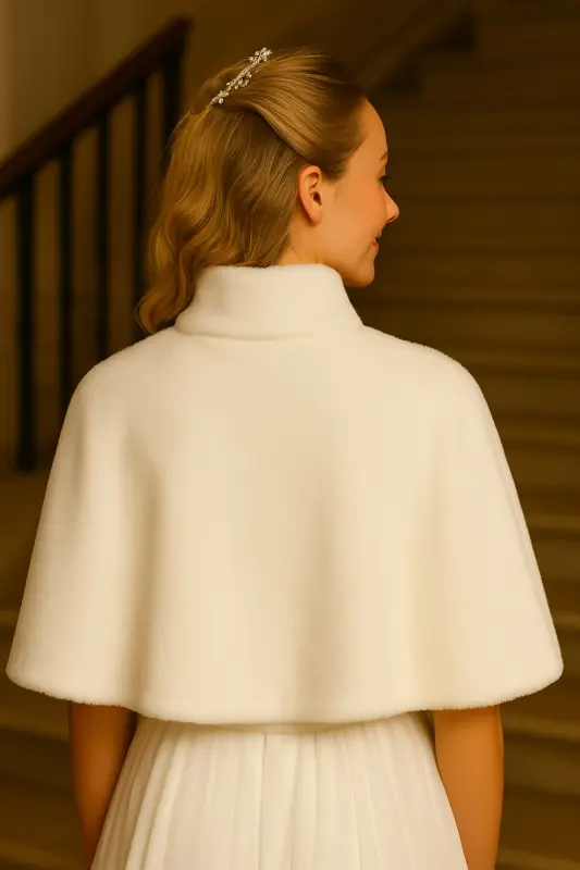 Uzun Fiyonklu Yumuşak Dokulu Kürk Etol Gelin Bolero Kırık Beyaz - 6