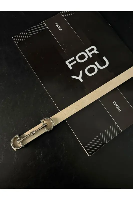 Uzun Gümüş Tokalı Ince Kadın Kemeri, Ceket Kemeri, Gömlek Kemeri, Elbise Kemeri-Bej - 3