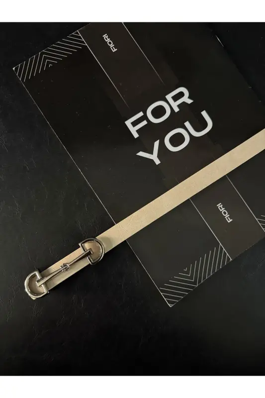 Uzun Gümüş Tokalı Ince Kadın Kemeri, Ceket Kemeri, Gömlek Kemeri, Elbise Kemeri-Bej - 4