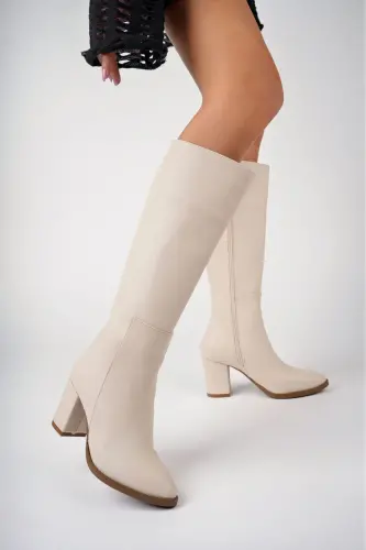 Uzun Kadın Fermuarlı Cİlt Çizme - Kadın Nut Long Fermuarlı Deri Çizme, Bej Topuklu Günlük Çizme-NUT - 2